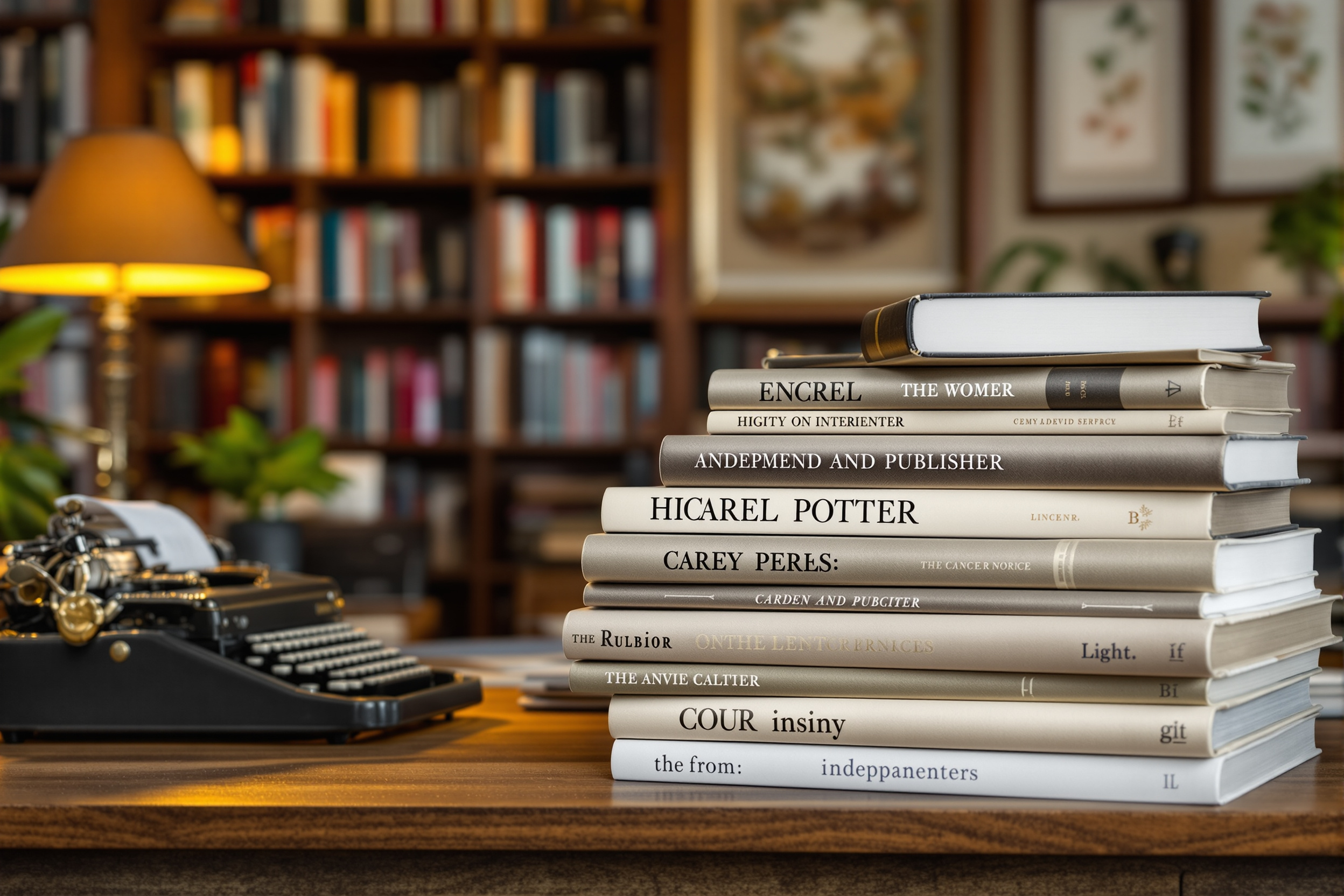 Independent publisher's office with stacks of hardcover multicultural reference books