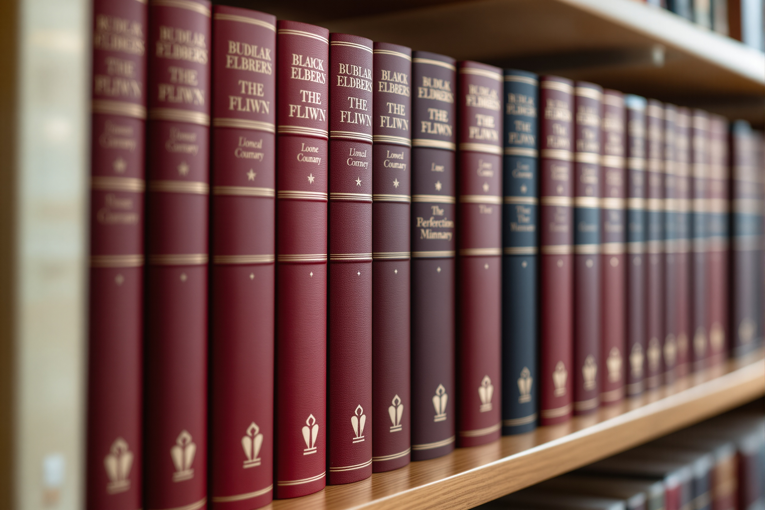 Thirty-one matched hardcover reference volumes lined on an oak library shelf