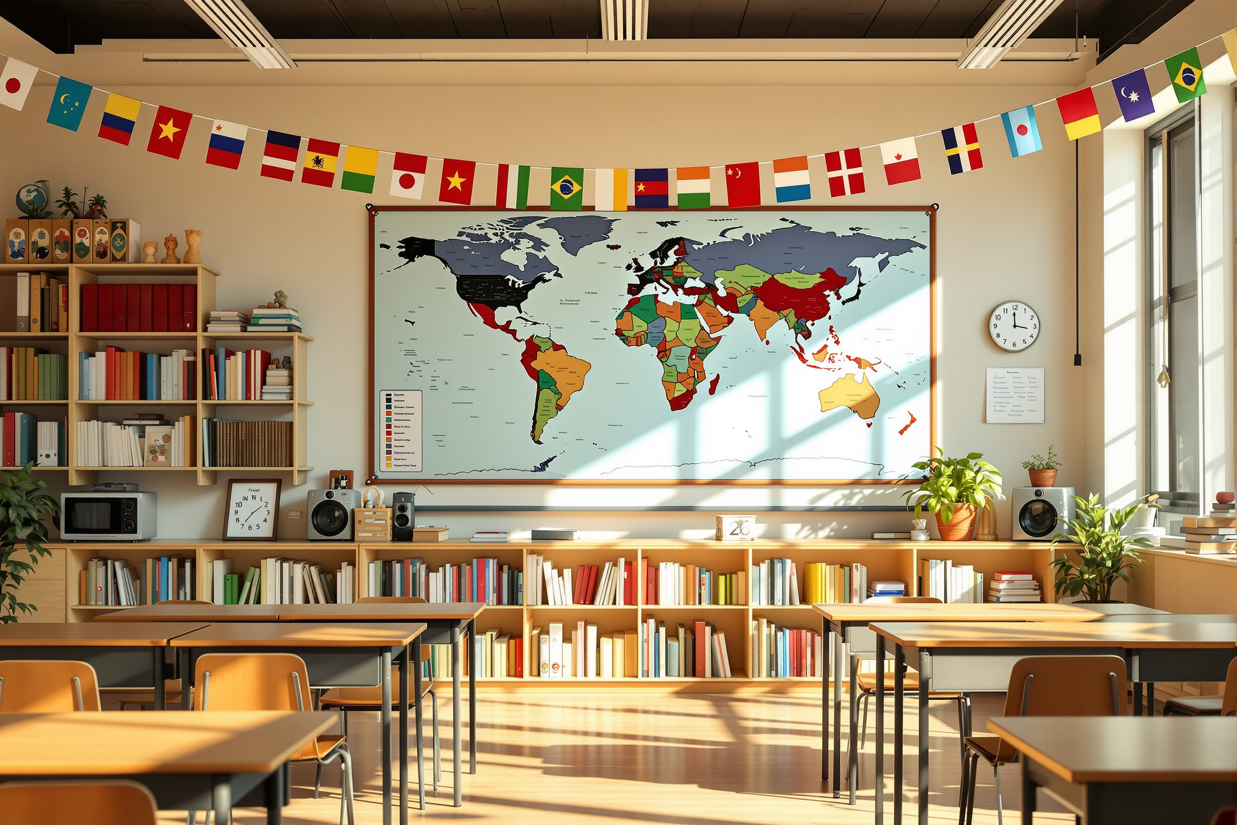 Bright classroom with world map, shelves of colorful books, and flags of many nations