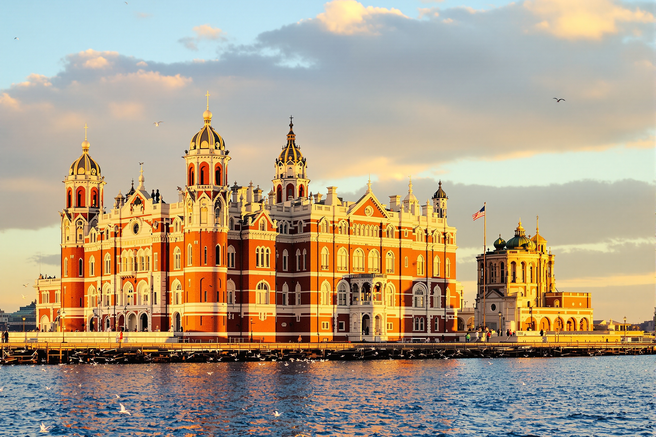 Historic Ellis Island main building seen across New York harbor at morning light