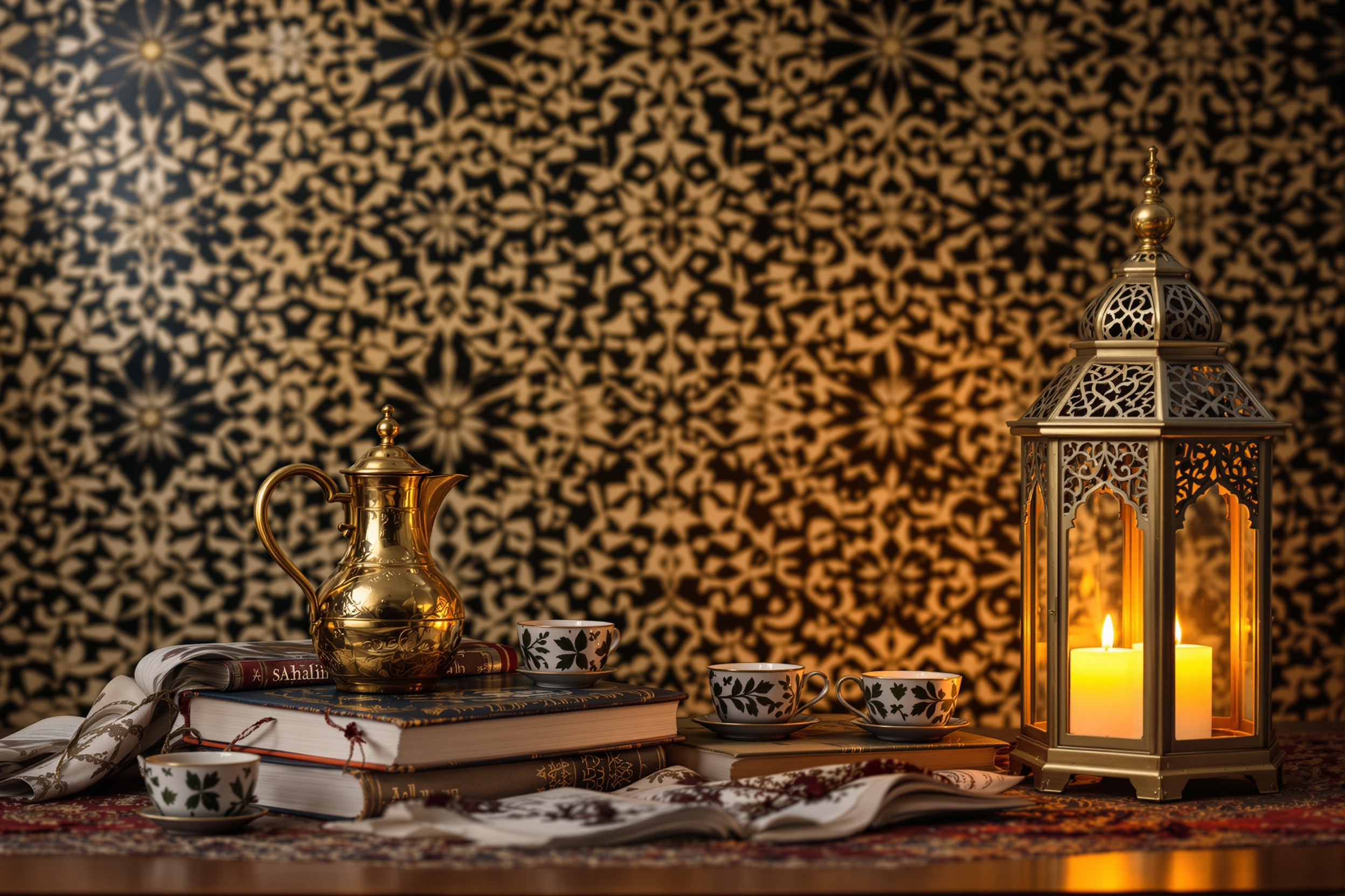 Still life with geometric tile pattern, brass coffee pot, books, and ornate lantern