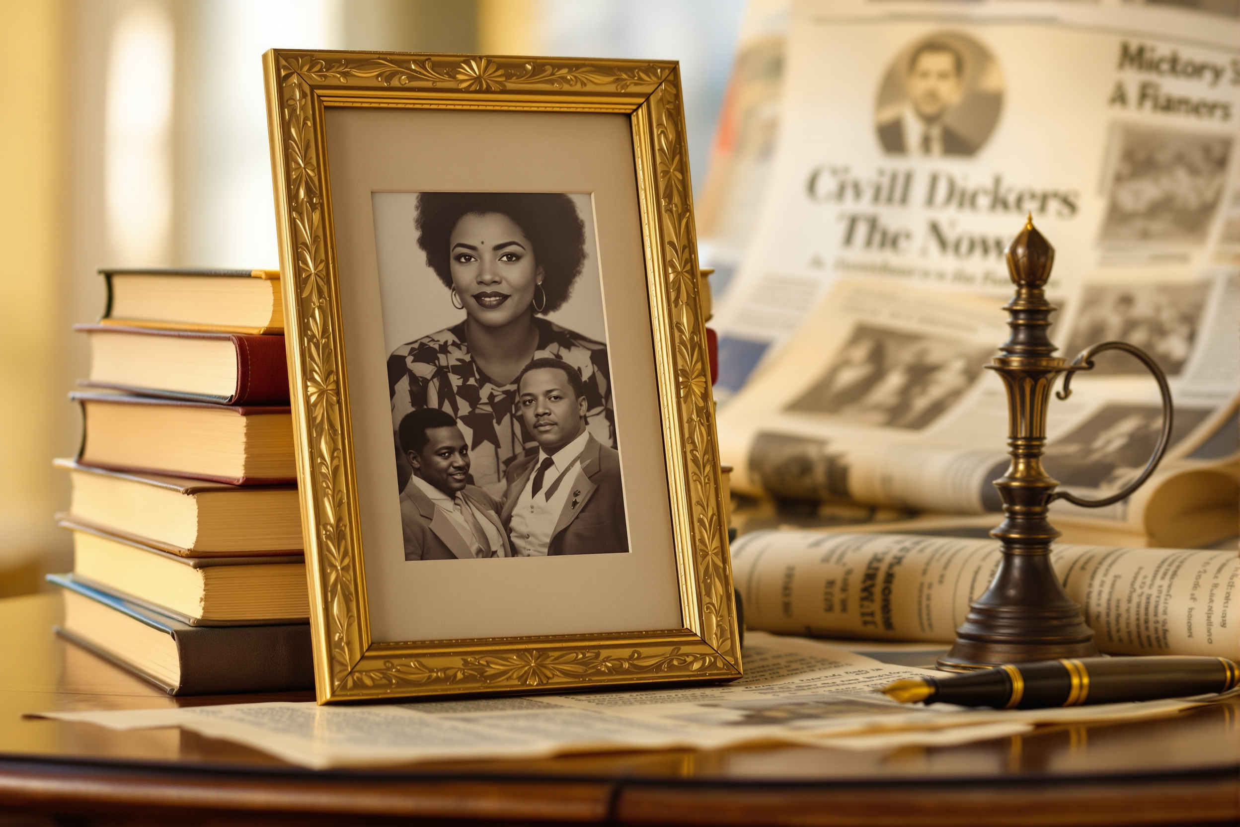 Still life of hardcover books and vintage photographs honoring African American history