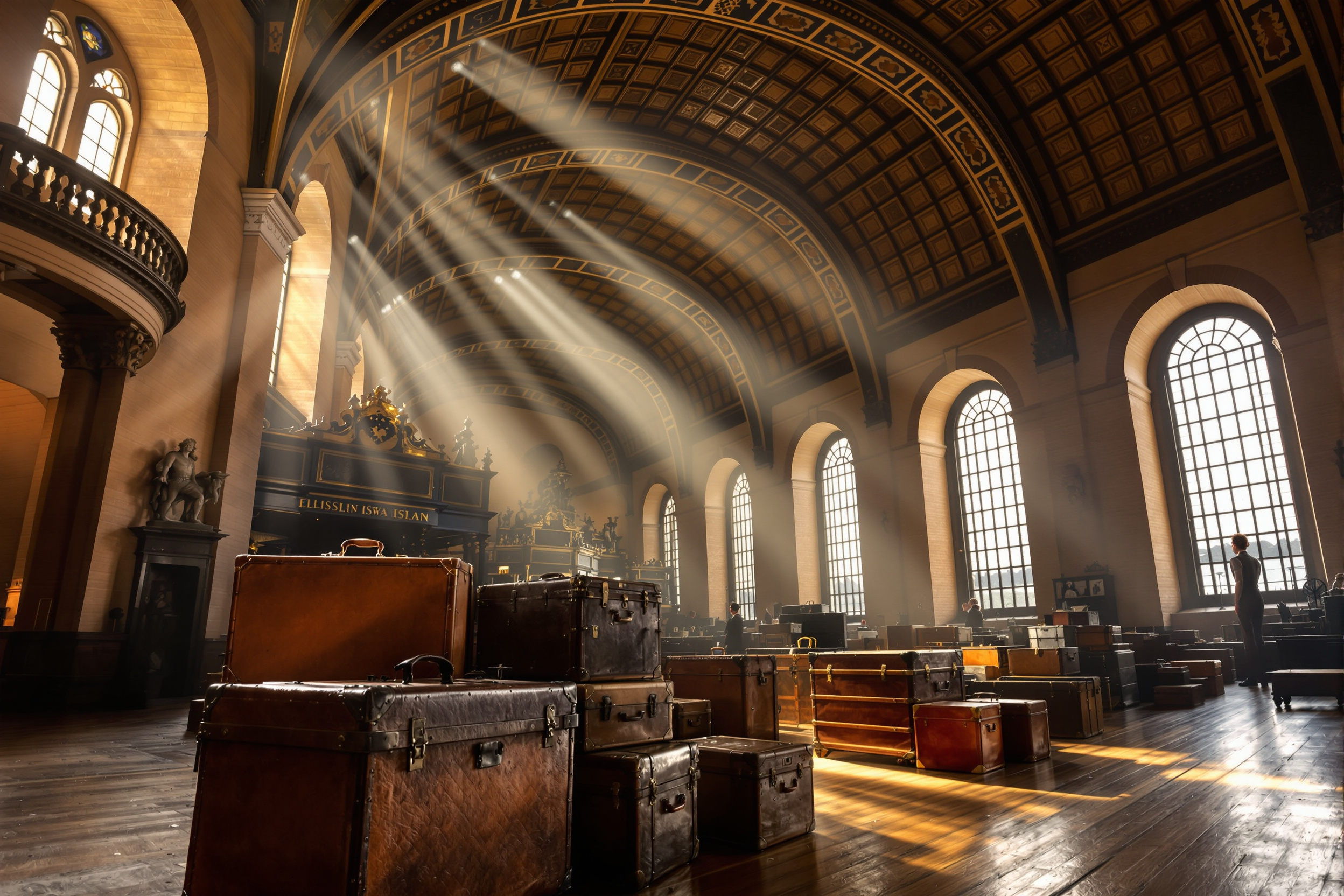 Ellis Island great hall with vintage suitcases and light through tall arched windows