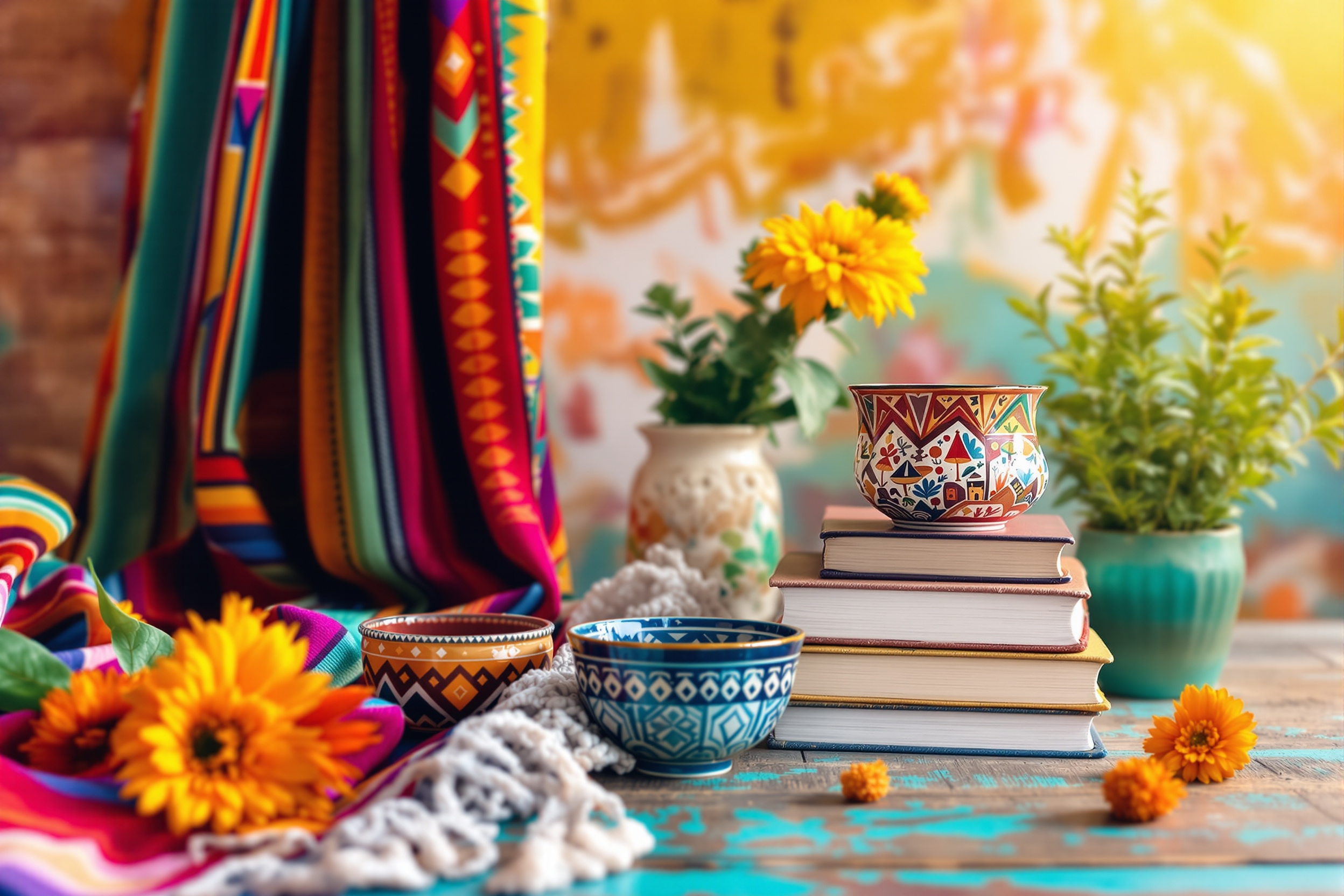 Vibrant still life with woven serape, marigolds, painted ceramics, and books