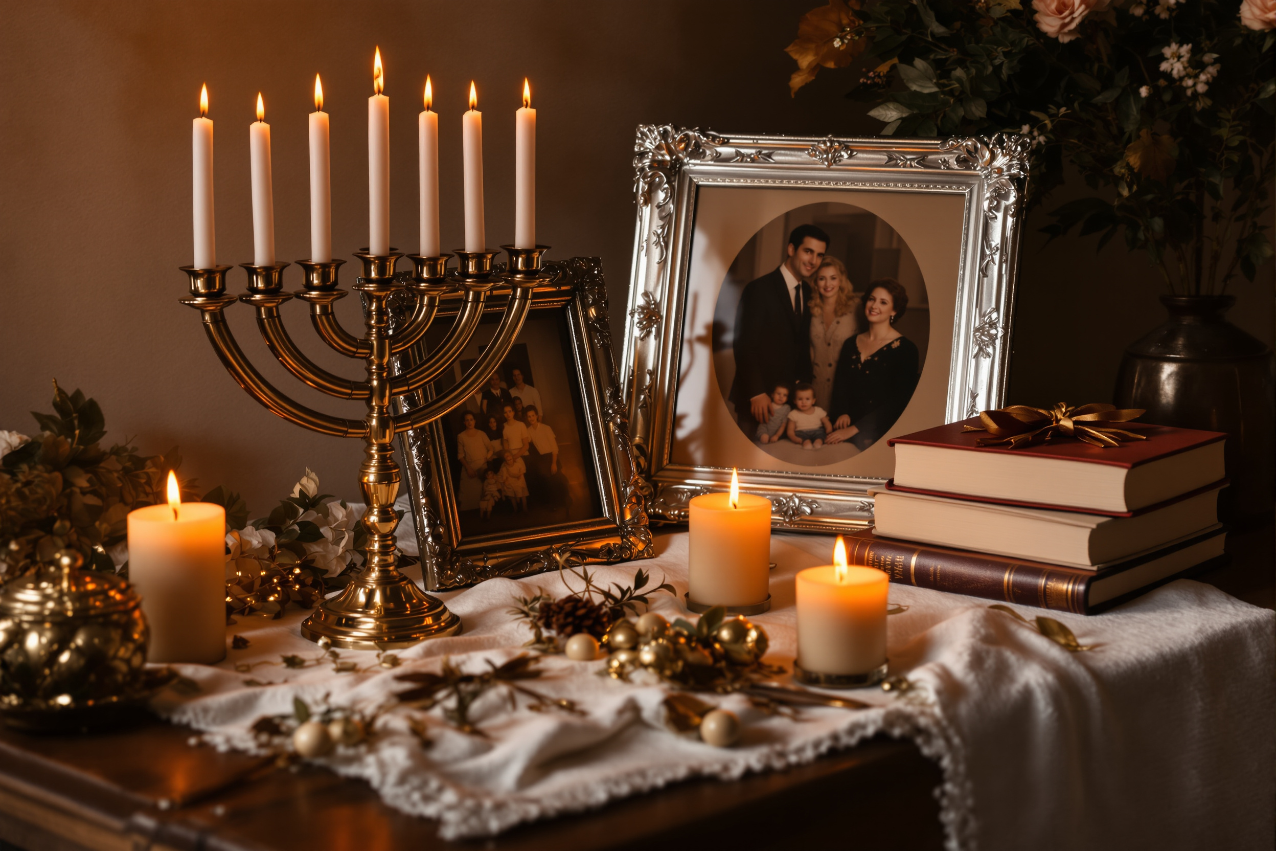 Heritage still life with brass menorah, vintage family photographs, and books