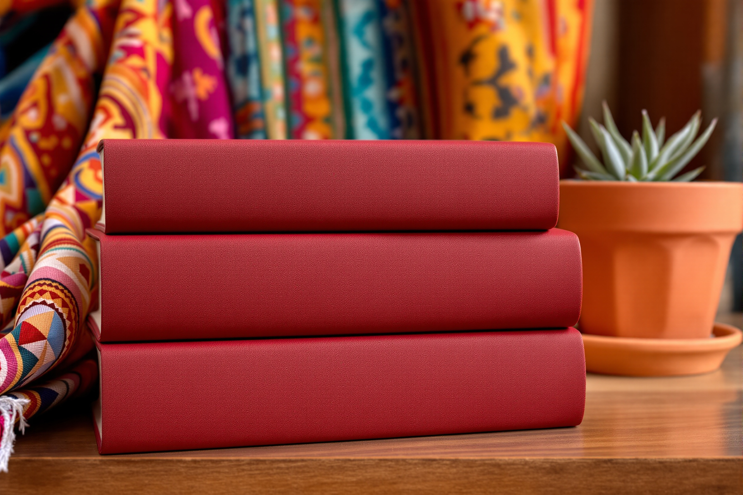 Stack of four thick scholarly encyclopedia volumes with a colorful woven blanket behind