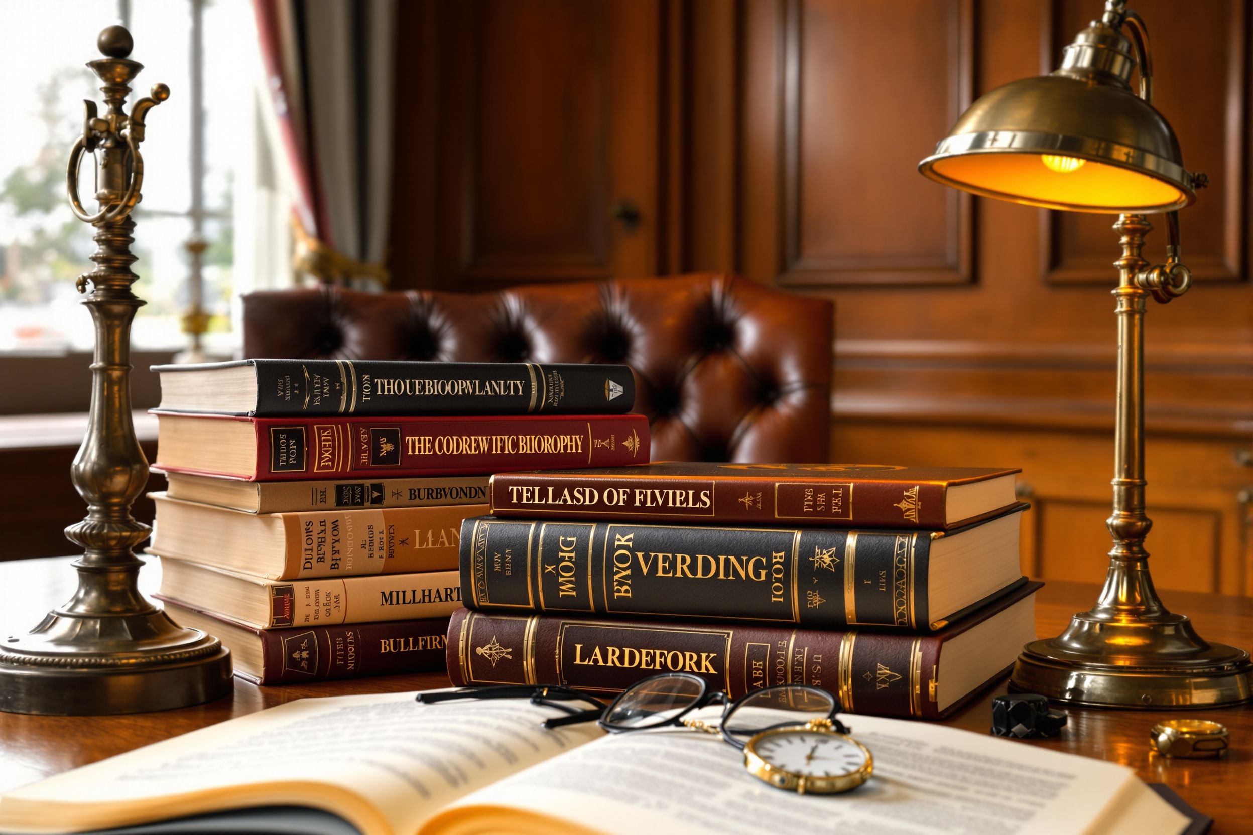 Classic study with leather armchair, biography volumes, and a brass reading lamp