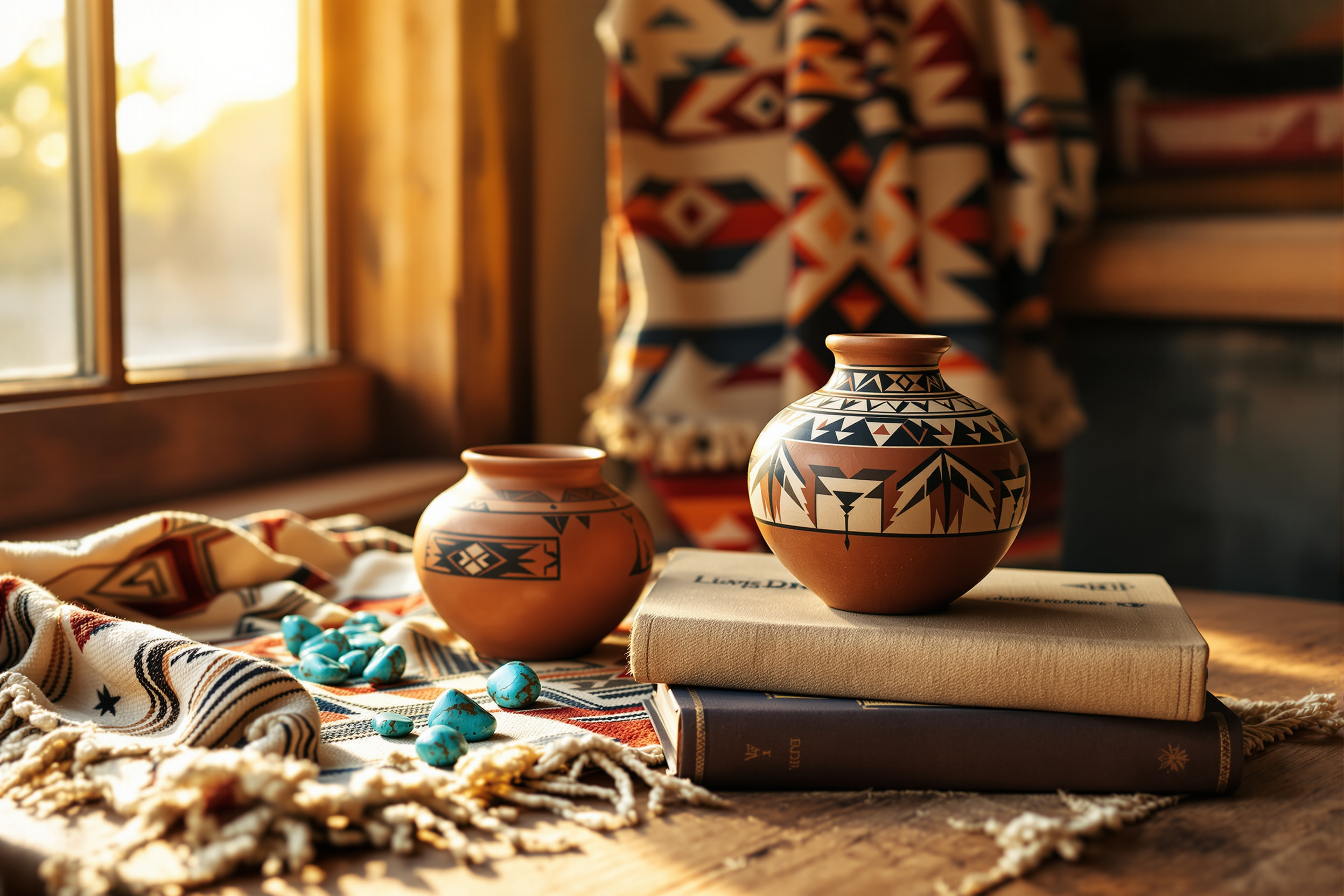 Still life with handwoven textile, traditional pottery, turquoise, and books