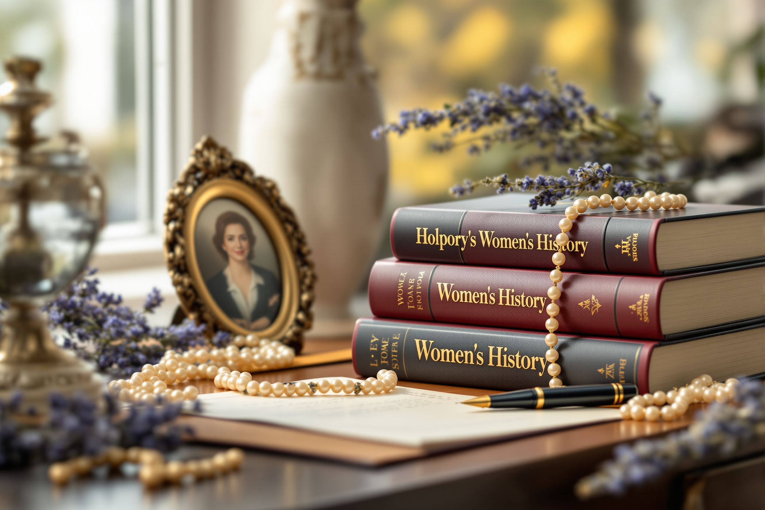 Writing desk with biography volumes, antique portrait frames, and a fountain pen